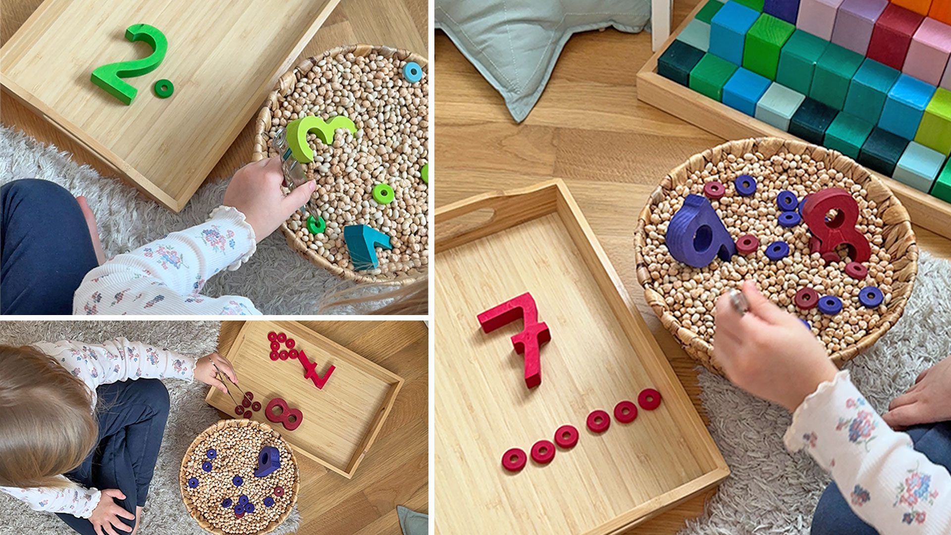 Collage of girl playing with tweezers, wooden numbers and loose small parts.