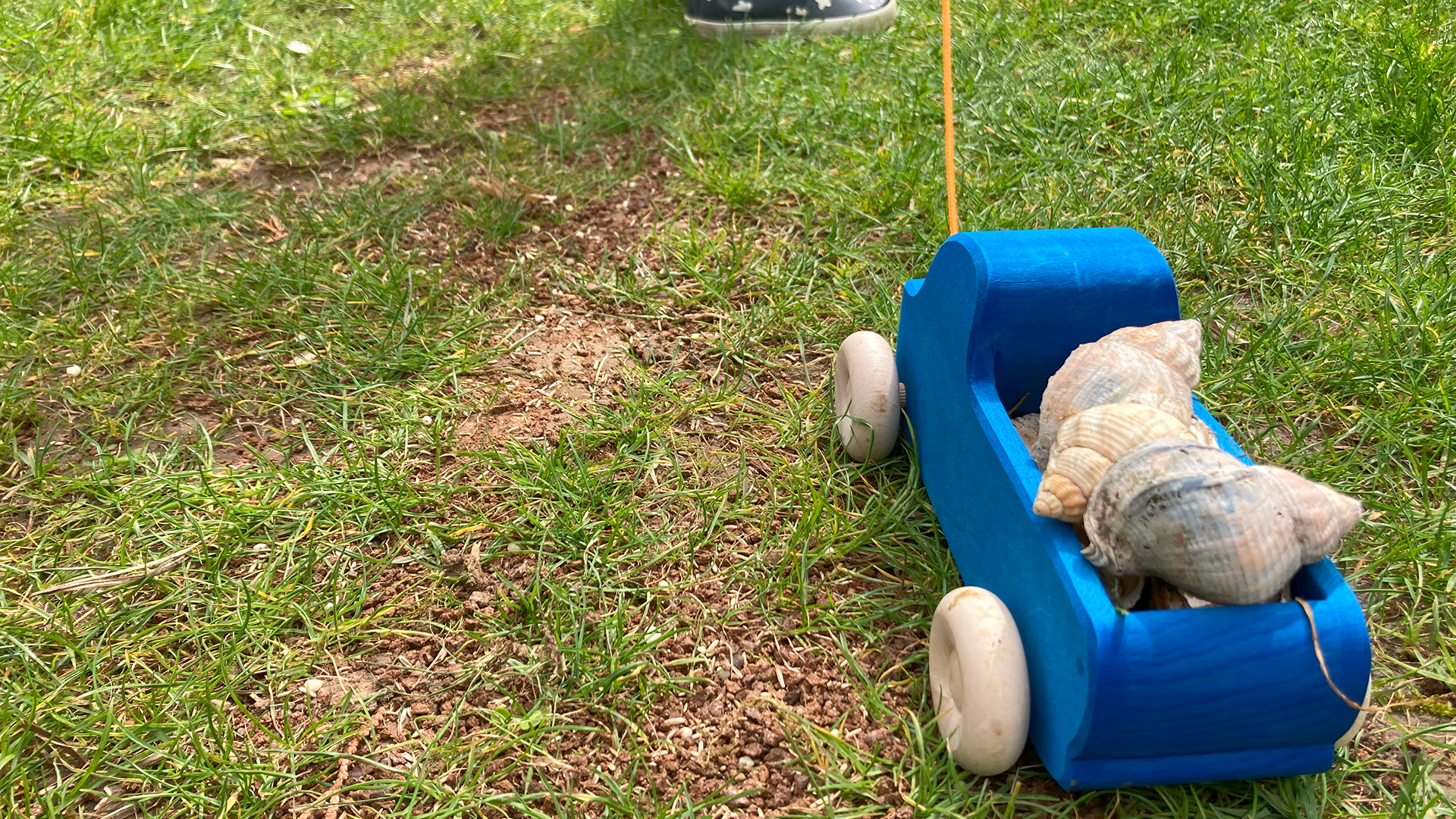 A tiny wooden truck is pulled along by a child fully loaded with shells.